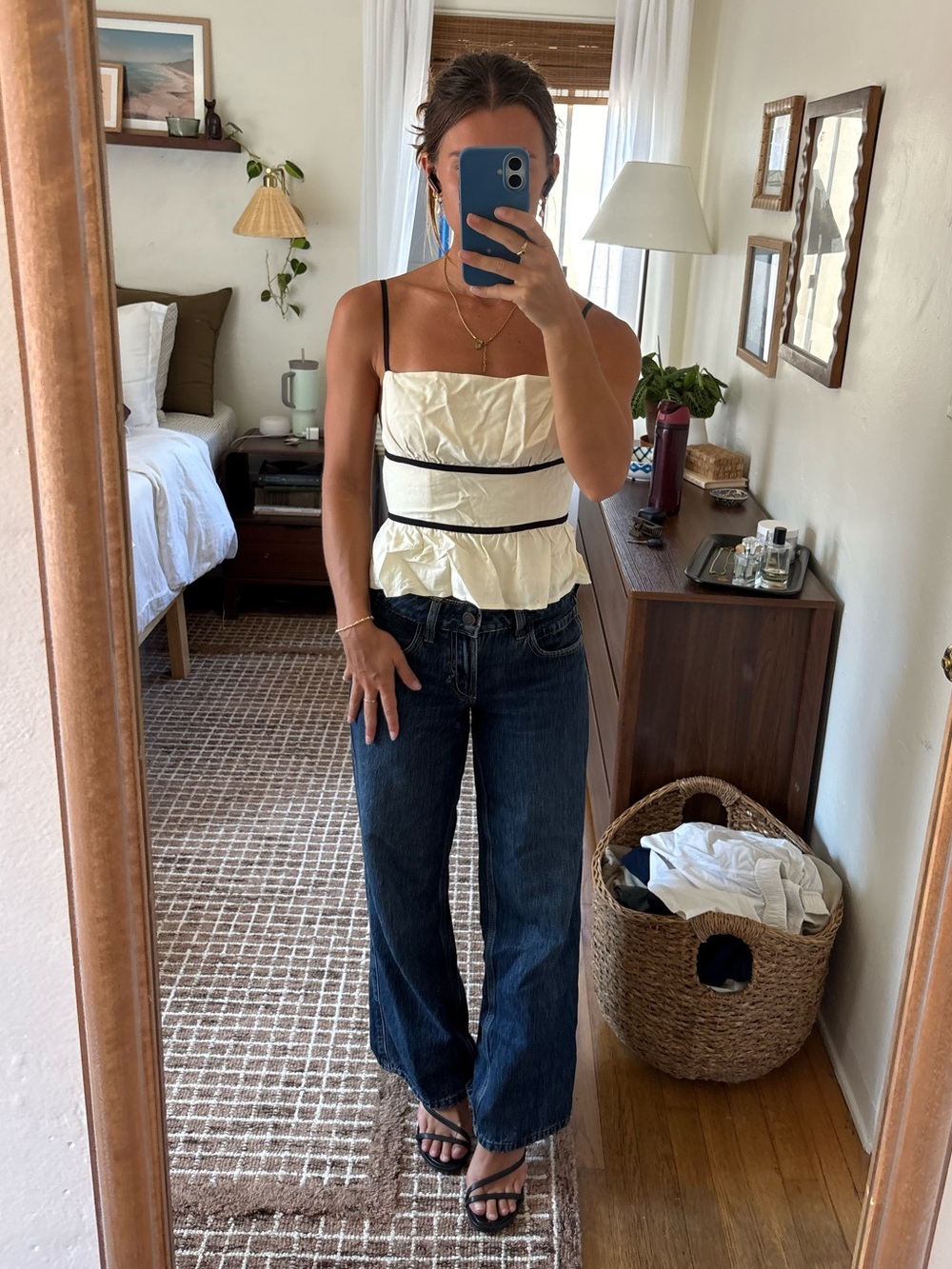 Showpo Cream Peplum Cami with Dark Blue Wide-Leg Jeans